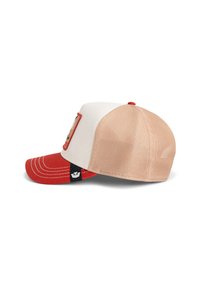 Red and beige cap with a mesh back, curved bill, and a front patch design. Features contrast stitching on the bill and a logo patch at the side.