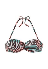 Bikini-top met zebra-patroon in bruin, roze en turquoise. Heeft verstelbare banden en geplooide stof in het midden voor vorm.