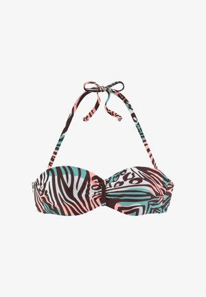 Bikini-Oberteil im Zebra-Design in Braun, Pink und Türkis. Mit verstellbaren Bindebändern und gerafftem Stoff in der Mitte für eine formschöne Silhouette.