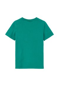 Korte mouwen t-shirt in effen teal kleur, gemaakt van zachte katoen. Heeft een ronde hals en naadloze schouders, met een fijne textuur.