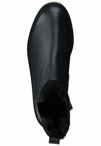 Botín negro hasta el tobillo, hecho de cuero suave, con un forro interior esponjoso, tirador y costuras mínimas a lo largo de la suela.