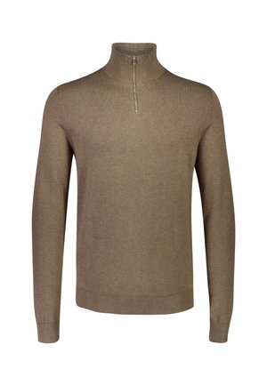 Suéter marrón con cuello de cremallera, hecho de un tejido suave, con mangas largas y un dobladillo acanalado. Diseño simple con un acabado minimalista.