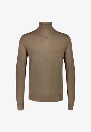 Suéter marrón con cuello de cremallera, hecho de un tejido suave, con mangas largas y un dobladillo acanalado. Diseño simple con un acabado minimalista.