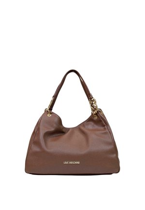 Bruine leren schoudertas met gouden hardware en "Love Moschino" logo aan de voorkant, met een enkele handvatriem.