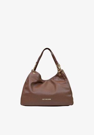 Brun læder skuldertaske med guldfarvet hardware og "Love Moschino" logo foran, med en enkelt håndtagsrem.