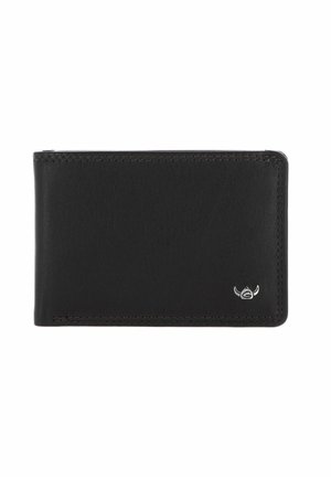 Portefeuille noir en cuir bifold avec une couture soignée et un petit emblème logo argenté en bas à droite sur fond blanc.