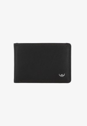 Portefeuille noir en cuir bifold avec une couture soignée et un petit emblème logo argenté en bas à droite sur fond blanc.
