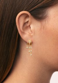 Goldene Creolen mit hängenden tropfenförmigen Kristallen, getragen an einem Ohr einer Frau mit braunem, glattem Haar.