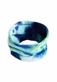 Chauffe-nuque en polaire dans un dégradé de nuances de bleu et de vert, caractérisé par une texture douce et un design circulaire continu sans fermetures.
