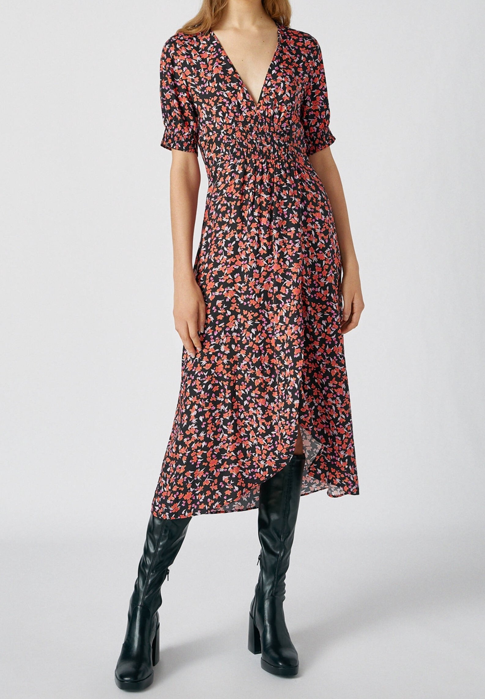 pull and bear red floral dress Pull & Bear V Neck Floral Mini Dress In Red In Pink