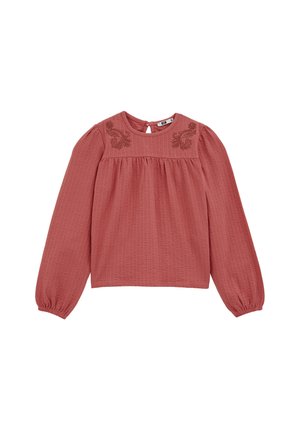 Blusa a maniche lunghe color ruggine in tessuto testurizzato, con ricami decorativi sulle spalle e una apertura a chiave sul retro.