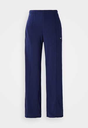 Navy blue athletic pants made of soft fabric, featuring a straight-leg cut, elastic waistband, and subtle logo on the left hip.