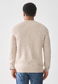 Beige Strickpullover mit gesprenkelter Textur, rundem Ausschnitt und gerippten Bündchen. Über blauen Jeans getragen. Rückansicht.