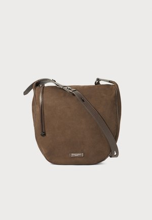 Brown faux leather crossbody bag with a rounded shape, a long adjustable strap, and subtle textured detailing.  Features a zipper closure.