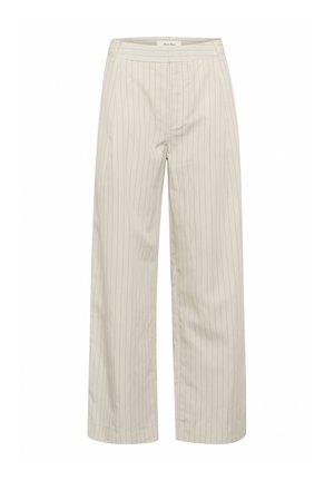 Beige wide-leg trousers with subtle vertical pinstripes, a tailored waist, and a smooth textured fabric. Features front pockets and a straight cut.