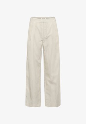Pantaloni largi bej cu dungi verticale subtile, talie ajustată și un material texturat neted. Au buzunare frontale și o croială dreaptă.