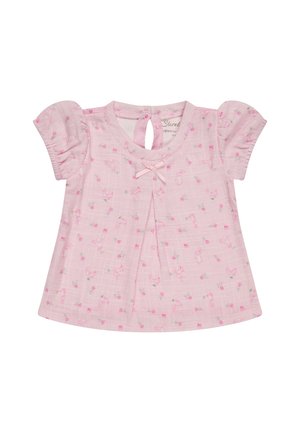 Rosa Baby-Kleid mit kurzen Ärmeln, mit kleinem Blumen- und Hasenmuster, vorderem Schleifendetail und Knopfverschluss am Rücken.