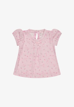 Pink short-sleeve baby dress with small floral and bunny print, front bow detail, and back button closure.