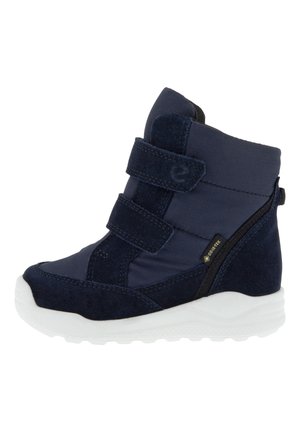 Kinder winterlaars marineblauw met dubbele klittenbanden, Gore-Tex-label en dikke witte rubberen zool, ontworpen voor koud en nat weer.
