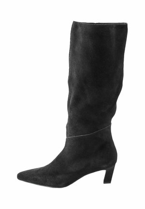 Bottine en suède noir avec un bout pointu, hauteur mi-mollet et un petit talon rectangulaire. Texture lisse avec peu de détails de couture.