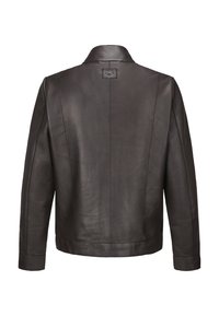 Schwarze Lederjacke mit einem schlichten Design, strukturiertem Kragen, gepolsterten Schultern und sichtbaren Nähten.