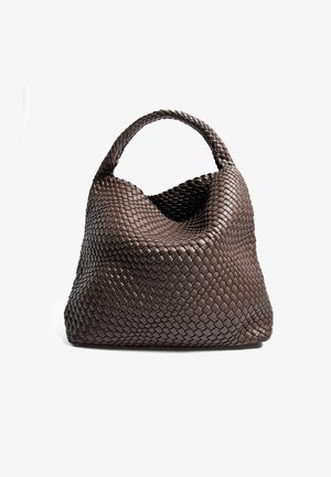 Brown woven leather handbag with a soft, slouchy shape and a single handle. Features a textured surface and an open top design.