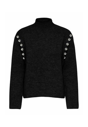 Pull en maille noire à manches longues avec col montant et deux rangées de boutons métalliques courant des épaules jusqu'aux manches.