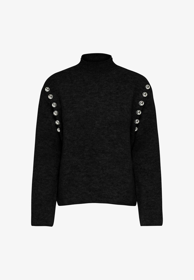 Pull en maille noire à manches longues avec col montant et deux rangées de boutons métalliques courant des épaules jusqu'aux manches.