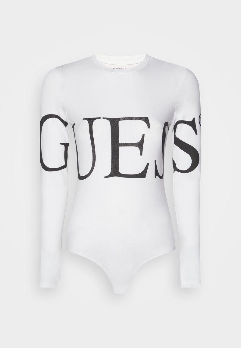 Biely dlhý rukáv body vyrobené z elastického materiálu s veľkým čiernym logom "GUESS" na hrudi a rukávoch.