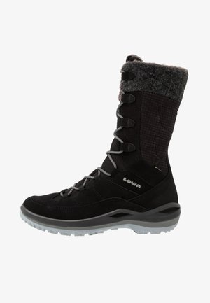 Black hiking boot with a textured fabric shaft, gray laces, and a cushioned collar. Features a sturdy rubber sole for traction.