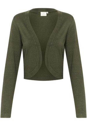 Olivově zelený pletený zkrácený cardigan s dlouhými rukávy, hlubokým výstřihem ve tvaru V a zaoblenými předními okraji. Měkká textura bez viditelných zapínání.