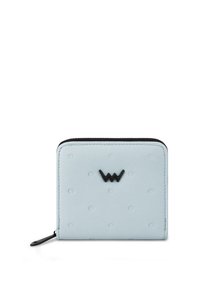 Light blue leather wallet with embossed dots, black zipper, and logo accent. Compact square shape with a smooth texture.