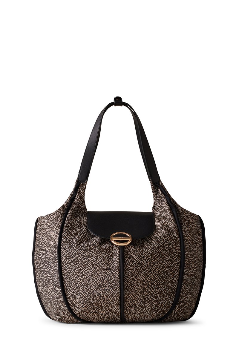 Braune und schwarze gemusterte Schultertasche mit schwarzem Deckel und ovalem goldenen Verschluss, ausgestattet mit doppelten schwarzen Trägern und abgerundeten Kanten.
