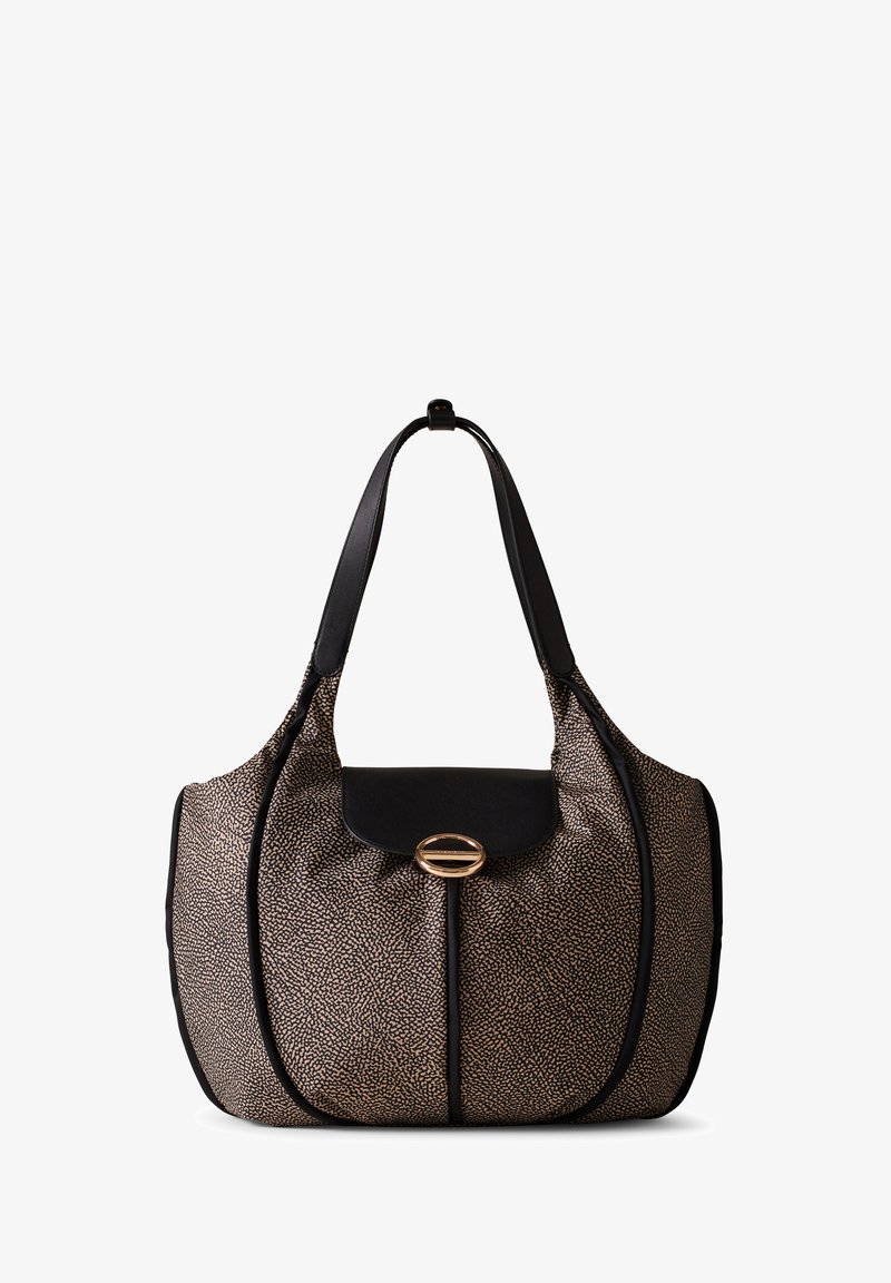 Braune und schwarze gemusterte Schultertasche mit schwarzem Deckel und ovalem goldenen Verschluss, ausgestattet mit doppelten schwarzen Trägern und abgerundeten Kanten.