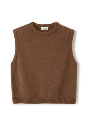 Pruun, varrukateta villane kampsun ümmarguse kaelusega, soonikkoes äärega ja pehme tekstuuriga. Lihtne disain ilma täiendavate mustrite või rõhutusteta.