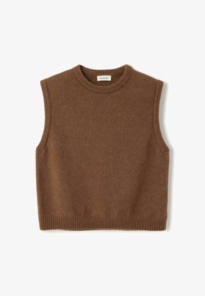 Pruun, varrukateta villane kampsun ümmarguse kaelusega, soonikkoes äärega ja pehme tekstuuriga. Lihtne disain ilma täiendavate mustrite või rõhutusteta.