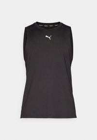 Czarna sportowa koszulka bez rękawów wykonana z lekkiego materiału, z okrągłym dekoltem i białym logo Puma na piersi oraz logo na żeberkowym kołnierzyku.