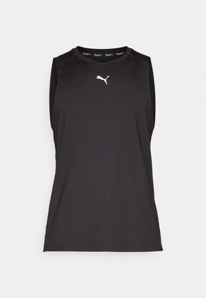 Top deportivo sin mangas negro de tela ligera con cuello redondo y un logotipo blanco de Puma en el pecho y cuello acanalado con marca.