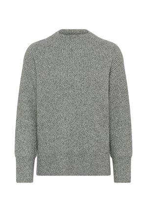 Grijze gebreide trui met lange mouwen, ribstructuur, ronde halslijn en een drop shoulder ontwerp, weergegeven op een witte achtergrond.