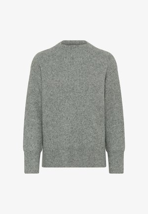 Langærmet grå strikke sweater med ribbet tekstur, rund halsudskæring og drop-shoulder, præsenteret på en hvid baggrund.