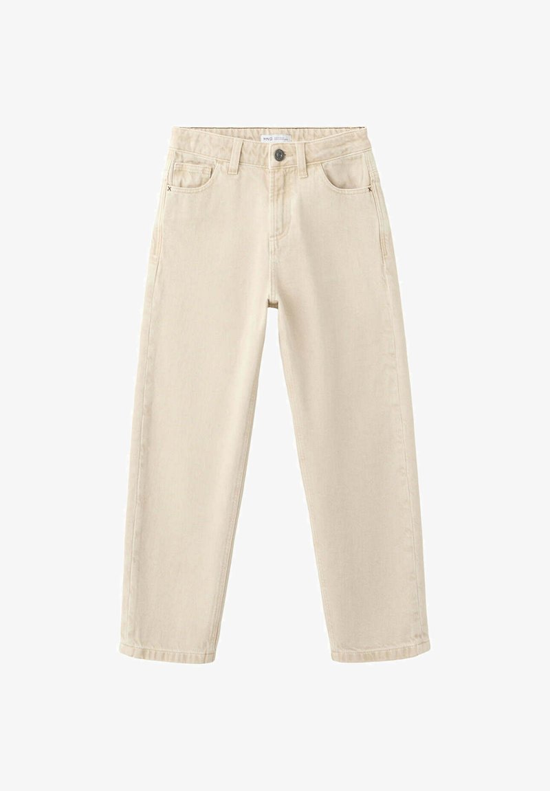 Pantalon beige taille haute jambe droite avec bouton sur le devant, fermeture éclair, passants de ceinture et deux poches avant, présenté sur fond blanc.