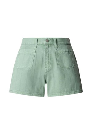 Lichtgroene denim shorts met hoge taille, voorkant met knopen, riemlussen en twee opgestikte zakken aan de voorkant.