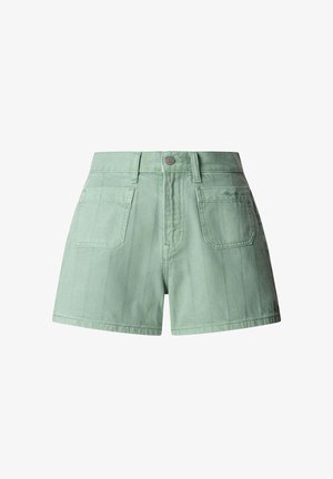 Lichtgroene denim shorts met hoge taille, voorkant met knopen, riemlussen en twee opgestikte zakken aan de voorkant.