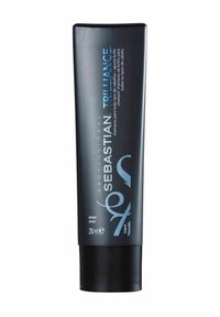 Black plastic tube with a glossy finish, labeled "Sebastian Professional Trilliance," 250 ml, featuring blue text and a flip-top cap.