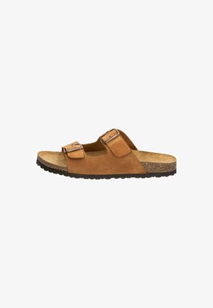 Brown suede sandal with cork footbed, two adjustable buckle straps, and black textured sole.