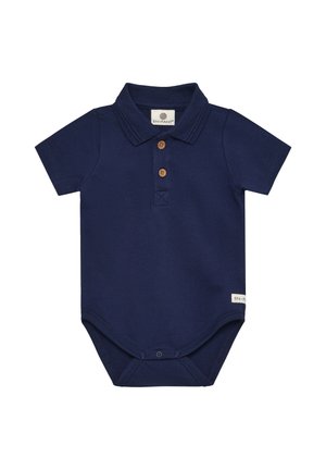 Body polo bleu marine en coton doux, doté d'un col, de trois boutons en bois et d'une petite étiquette de marque à l'ourlet.