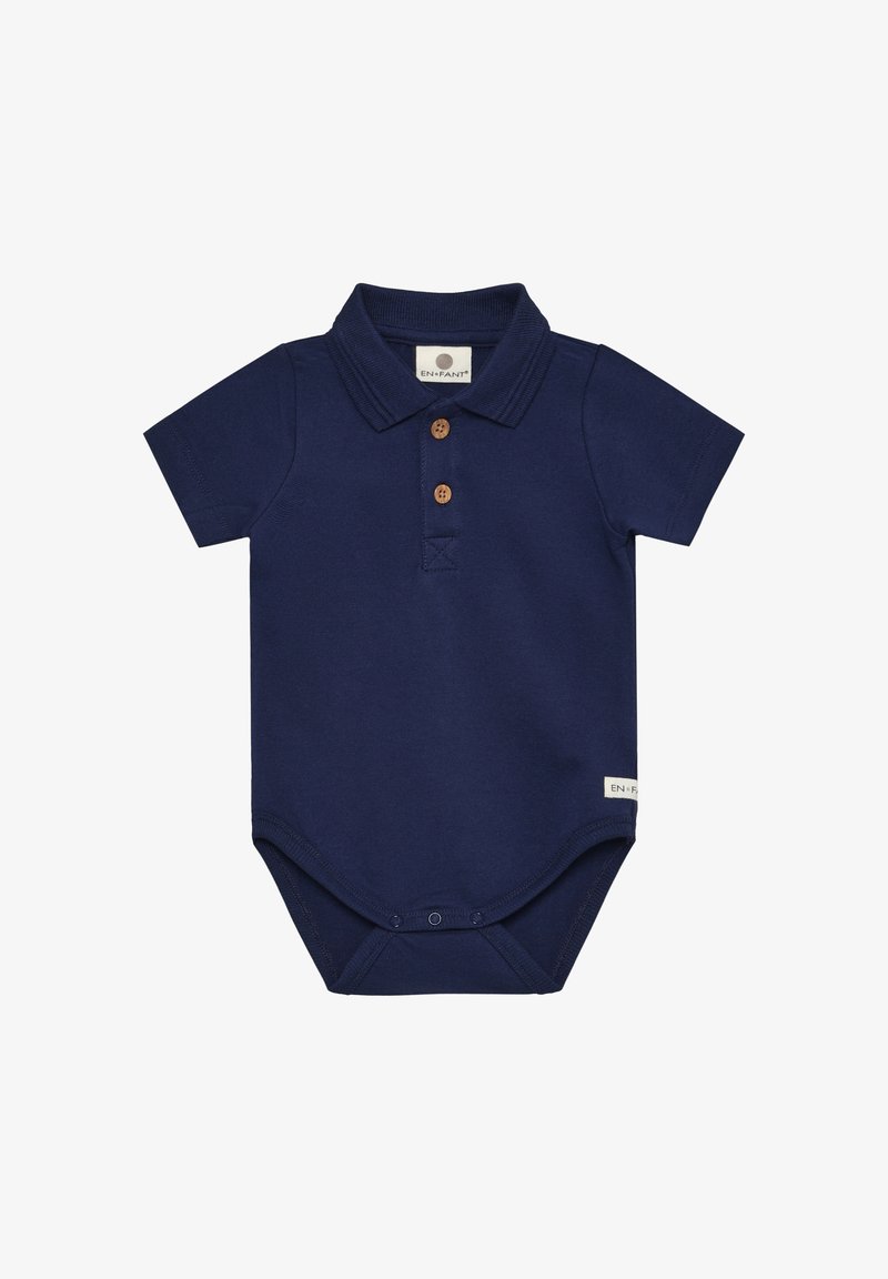 Granatowy polo onesie wykonany z miękkiej bawełny, z kołnierzykiem, trzema drewnianymi guzikami i małą metką marki przy brzegu.