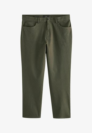 Olivenfarvede stramme bukser lavet af slidstærkt stof med frontlommer og knaplukning, der har et rent og enkelt design.