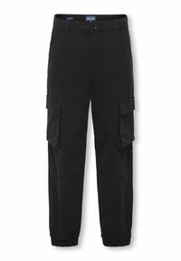 Pantalons cargo noirs avec poignets élastiques, plusieurs poches latérales, fermeture à bouton et tissu robuste. Présente une texture lisse et une coupe classique.