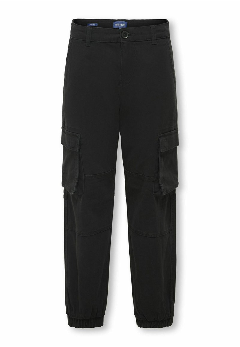 Pantalons cargo noirs avec poignets élastiques, plusieurs poches latérales, fermeture à bouton et tissu robuste. Présente une texture lisse et une coupe classique.